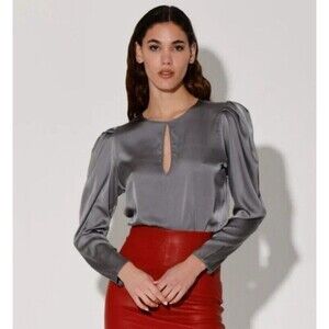 Walter Baker Kimberly Keyhole Satin Top Women's Med Dark Gray Puff Long Sleeve
